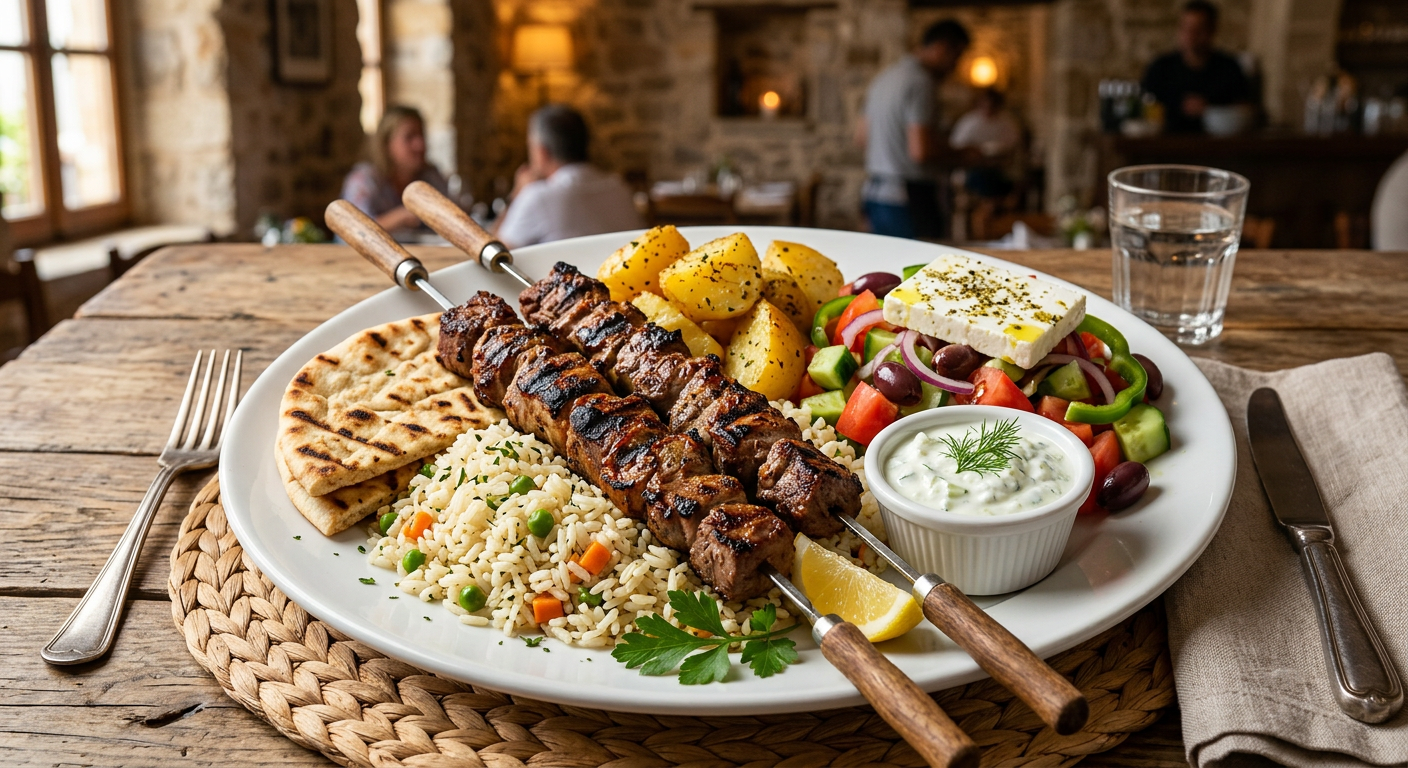 Lamb Souvlaki at Dinakis Mediterranean Grill — 2 skewers of fire-grilled lamb marinated with oregano, garlic and olive oil.
